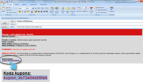 Na va&scaron; e-mail bo poslana KODA KUPONA